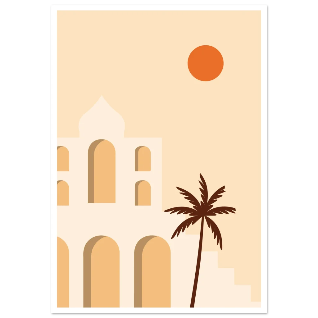 Poster minimaliste oriental illustré : arches orientales, palmier et soleil orange sur fond beige