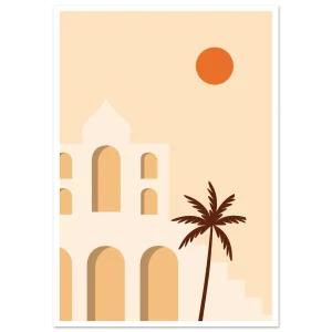 Poster minimaliste oriental illustré : arches orientales, palmier et soleil orange sur fond beige