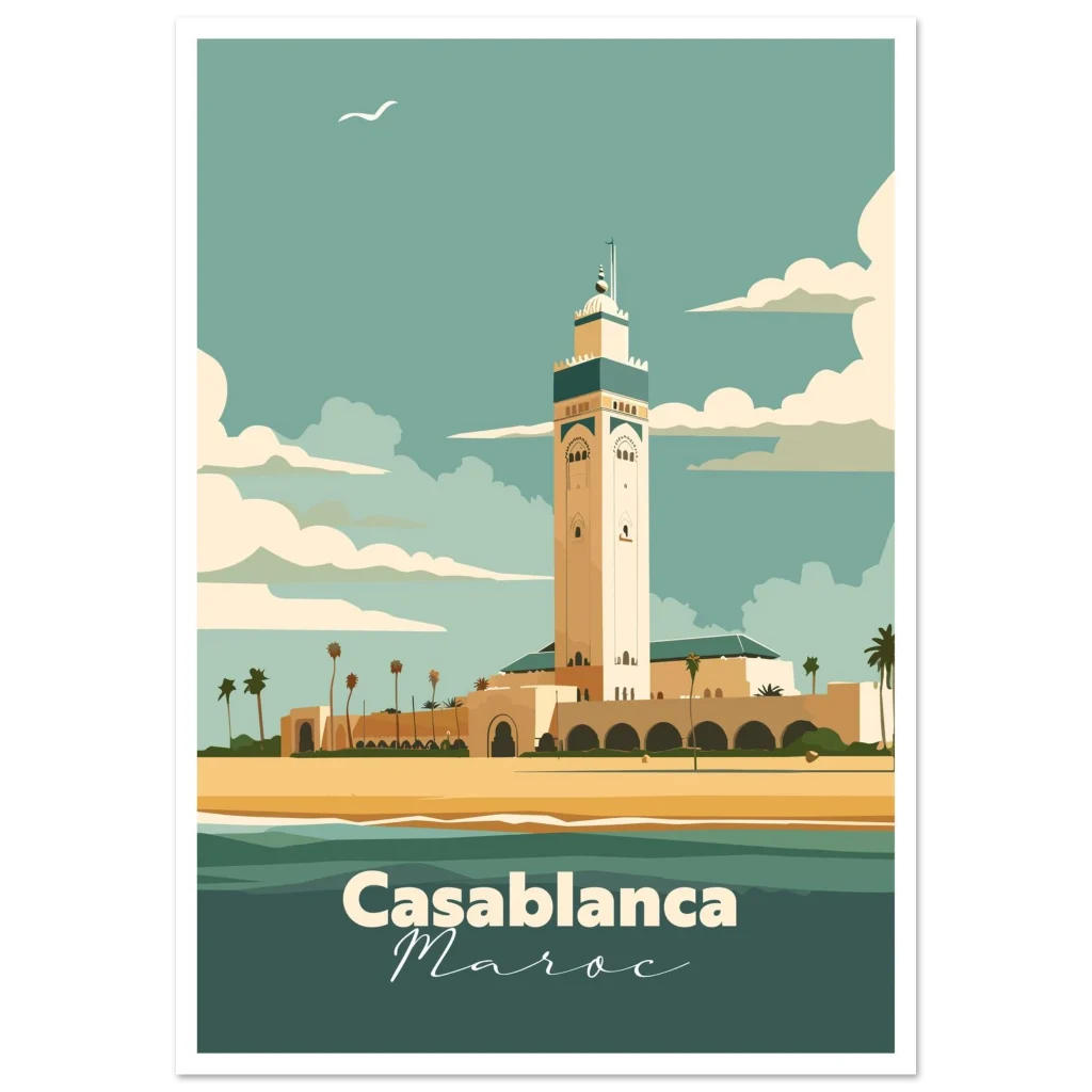 Poster Casablanca illustré : mosquée Hassan II au bord de l'Atlantique