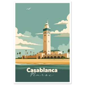 Poster Casablanca illustré : mosquée Hassan II au bord de l'Atlantique