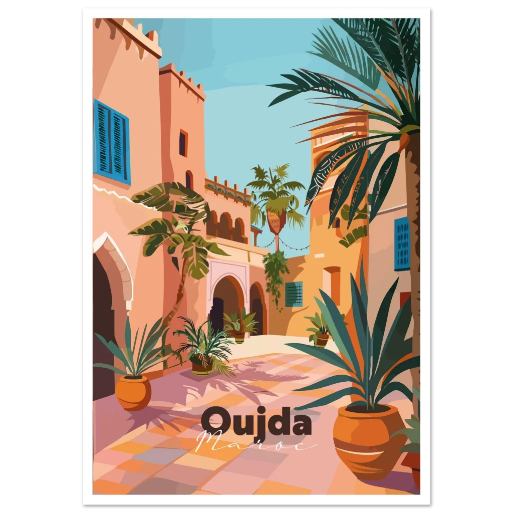 Poster Oujda illustré : ruelle de la médina aux murs roses, palmiers et poteries