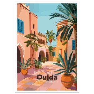 Poster Oujda illustré : ruelle de la médina aux murs roses, palmiers et poteries