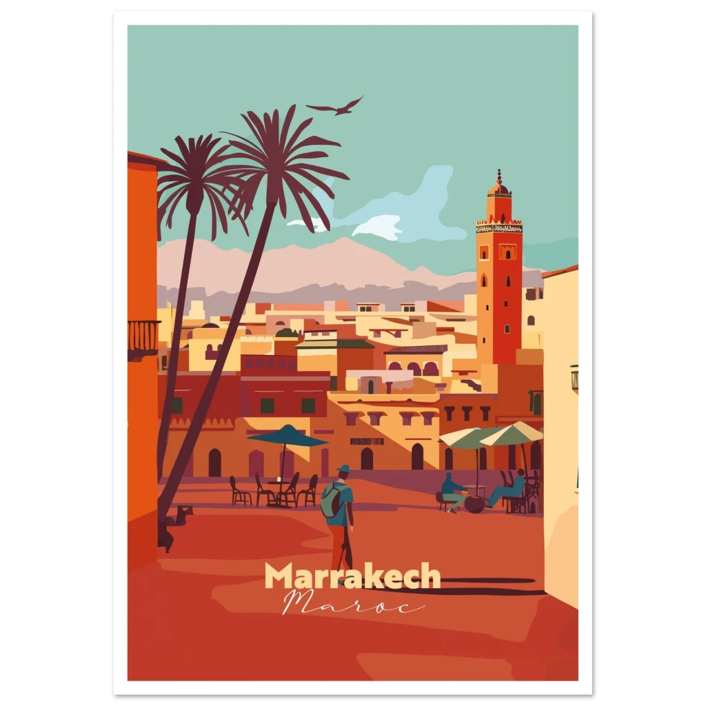 Poster Marrakech illustré : minaret de la Koutoubia, palmiers et médina ocre au pied de l'Atlas