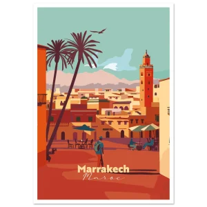 Poster Marrakech illustré : minaret de la Koutoubia, palmiers et médina ocre au pied de l'Atlas