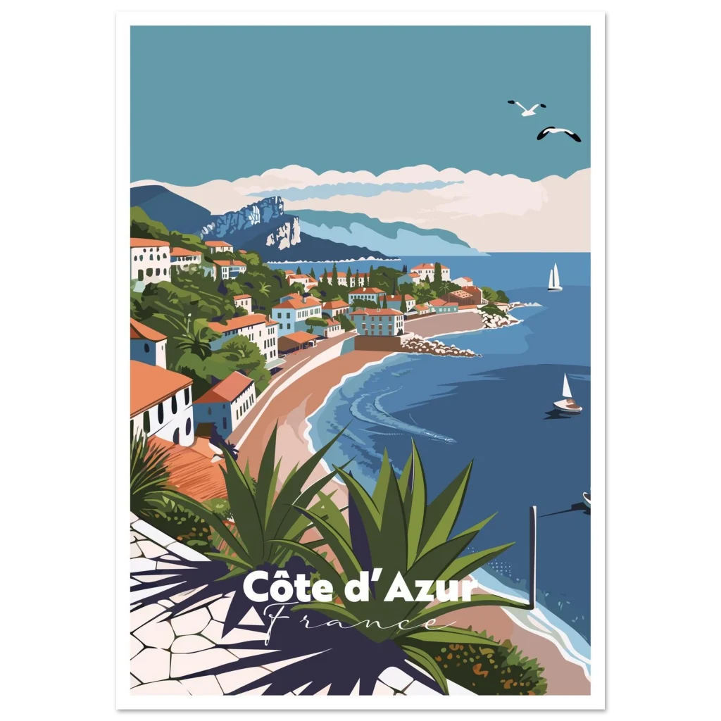 Poster Côte d'Azur illustré : baie méditerranéenne, village sur la colline et voilier