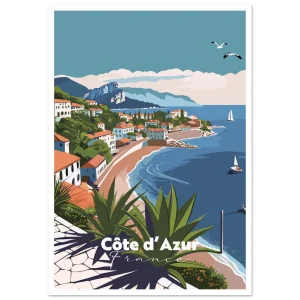 Poster Côte d'Azur illustré : baie méditerranéenne, village sur la colline et voilier