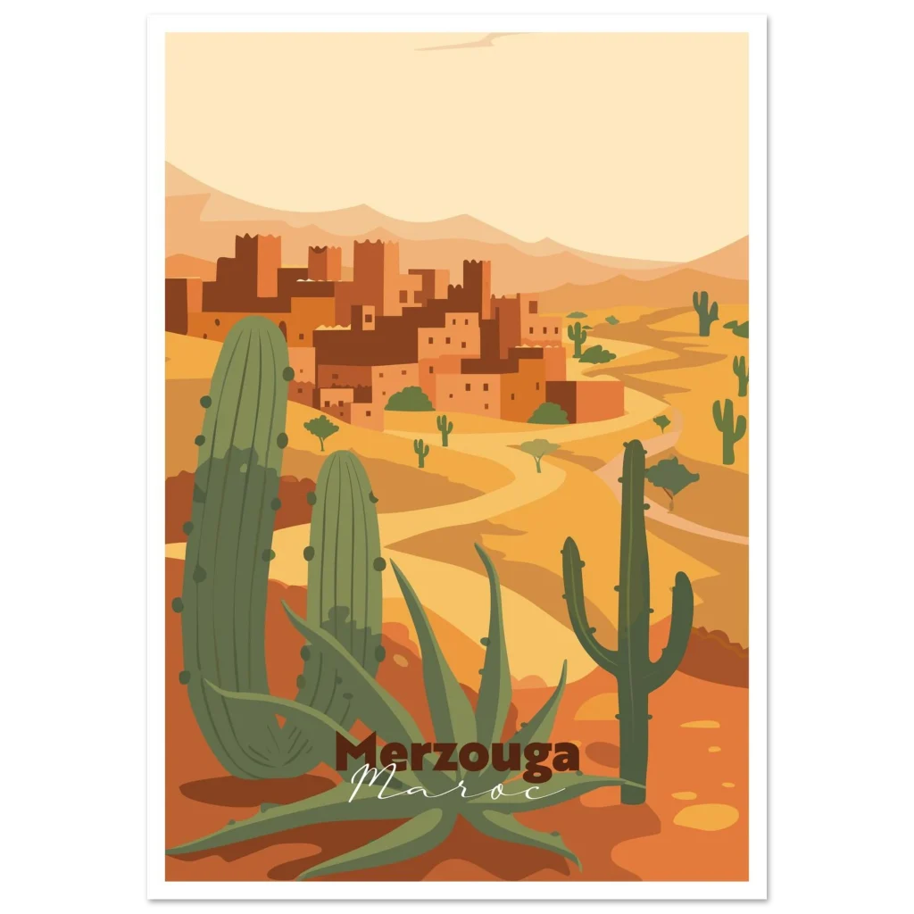 Poster Sahara Merzouga illustré : kasbah dans le désert de Merzouga, cactus au premier plan