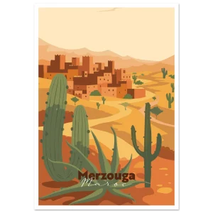 Poster Sahara Merzouga illustré : kasbah dans le désert de Merzouga, cactus au premier plan