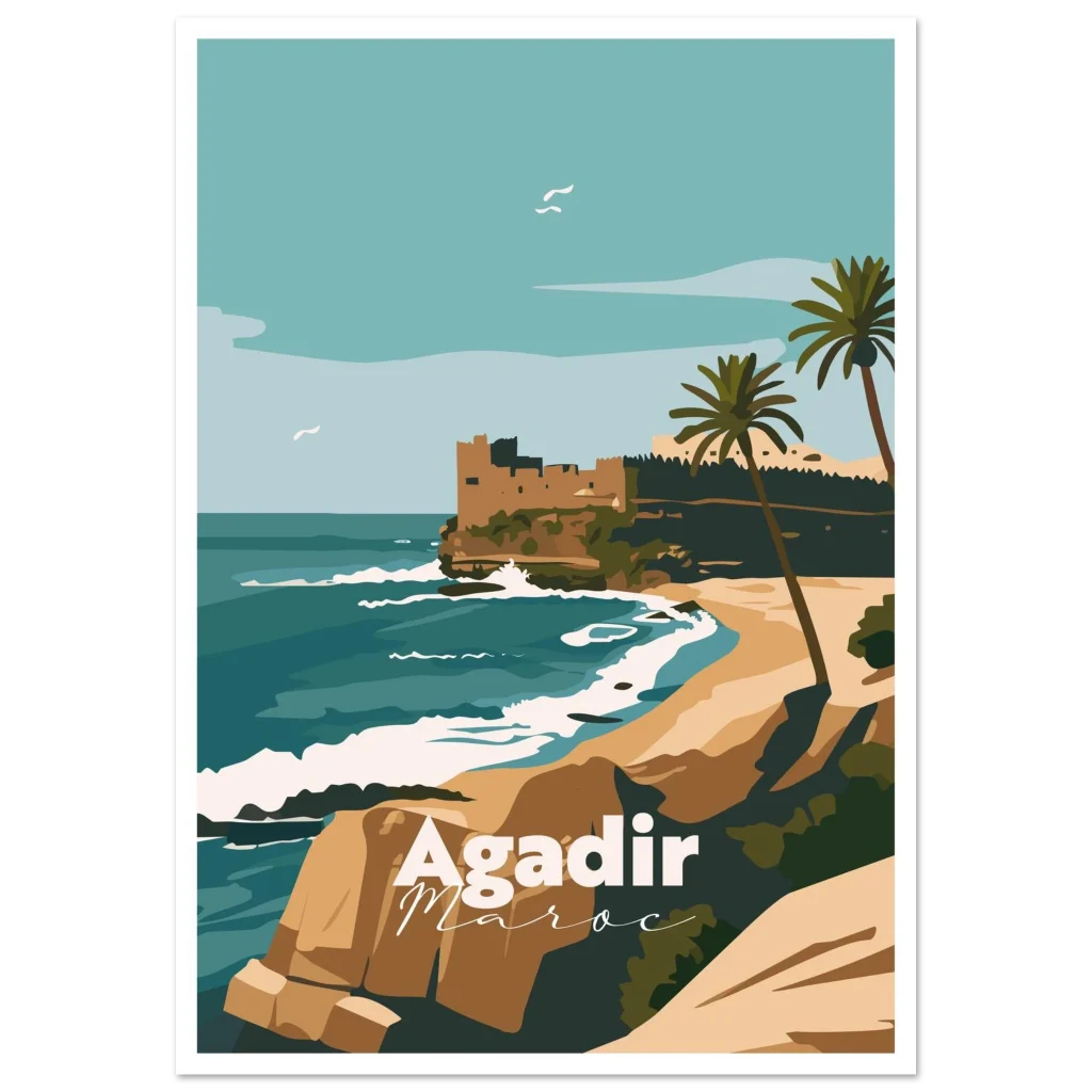 Poster Agadir illustré : côte rocheuse et forteresse au-dessus de l'océan