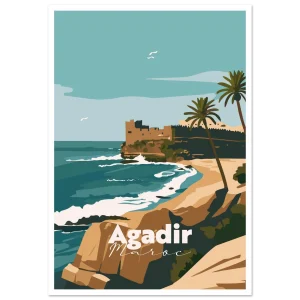 Poster Agadir illustré : côte rocheuse et forteresse au-dessus de l'océan