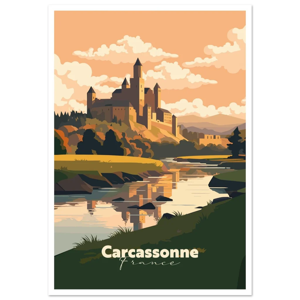 Poster Carcassonne illustré : cité médiévale se reflétant dans la rivière au crépuscule