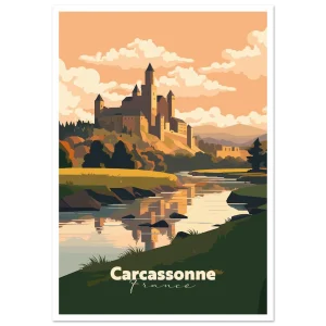 Poster Carcassonne illustré : cité médiévale se reflétant dans la rivière au crépuscule