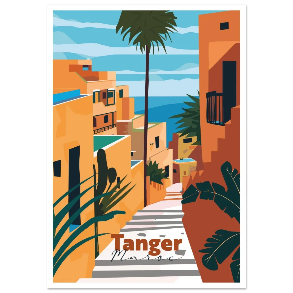 Poster Tanger illustré : ruelle en escalier de la médina avec vue sur la mer
