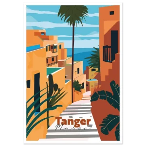 Poster Tanger illustré : ruelle en escalier de la médina avec vue sur la mer