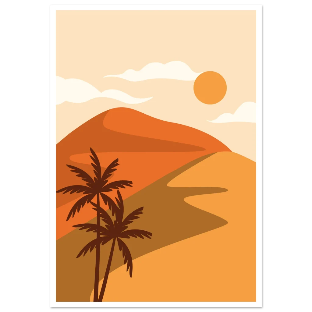 Poster minimaliste désert illustré : dunes orangées, palmiers et soleil sur fond beige