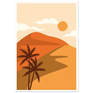 Poster minimaliste désert illustré : dunes orangées, palmiers et soleil sur fond beige