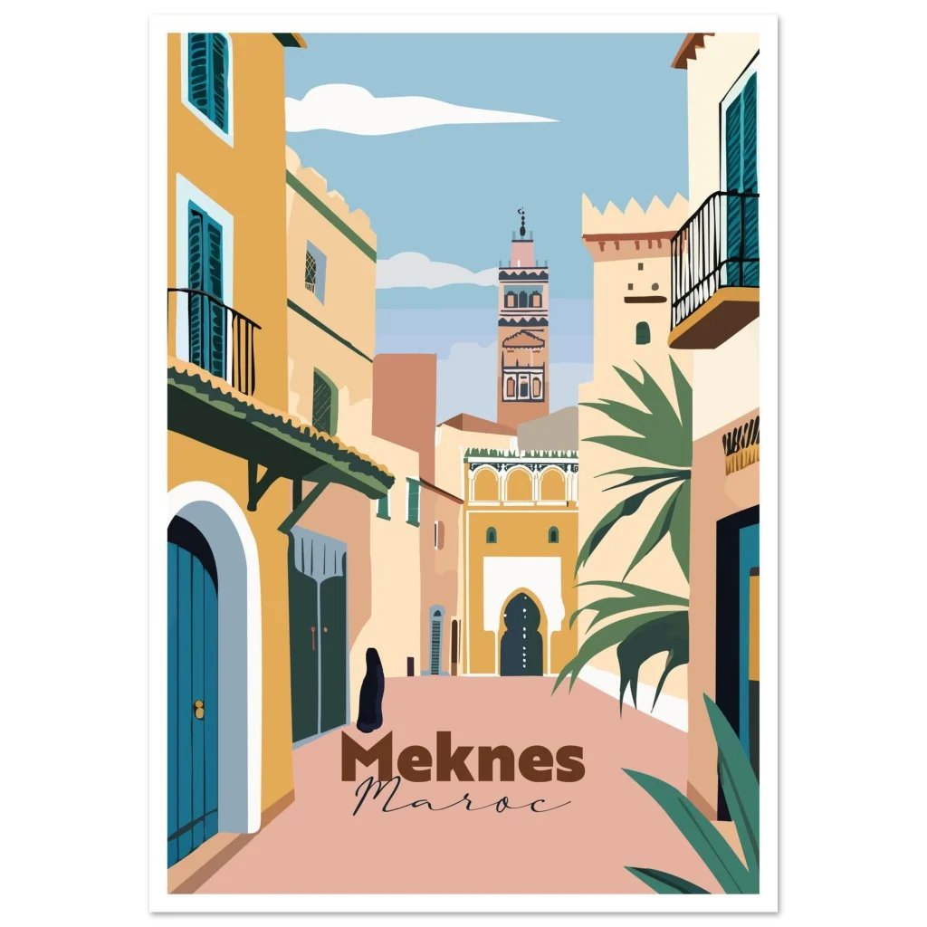 Poster Meknès illustré : ruelle de la médina aux portes bleues et minaret