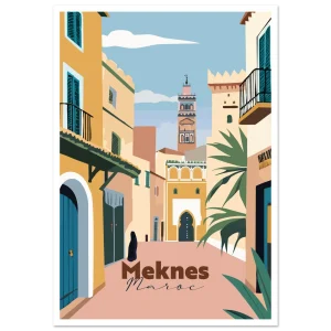 Poster Meknès illustré : ruelle de la médina aux portes bleues et minaret