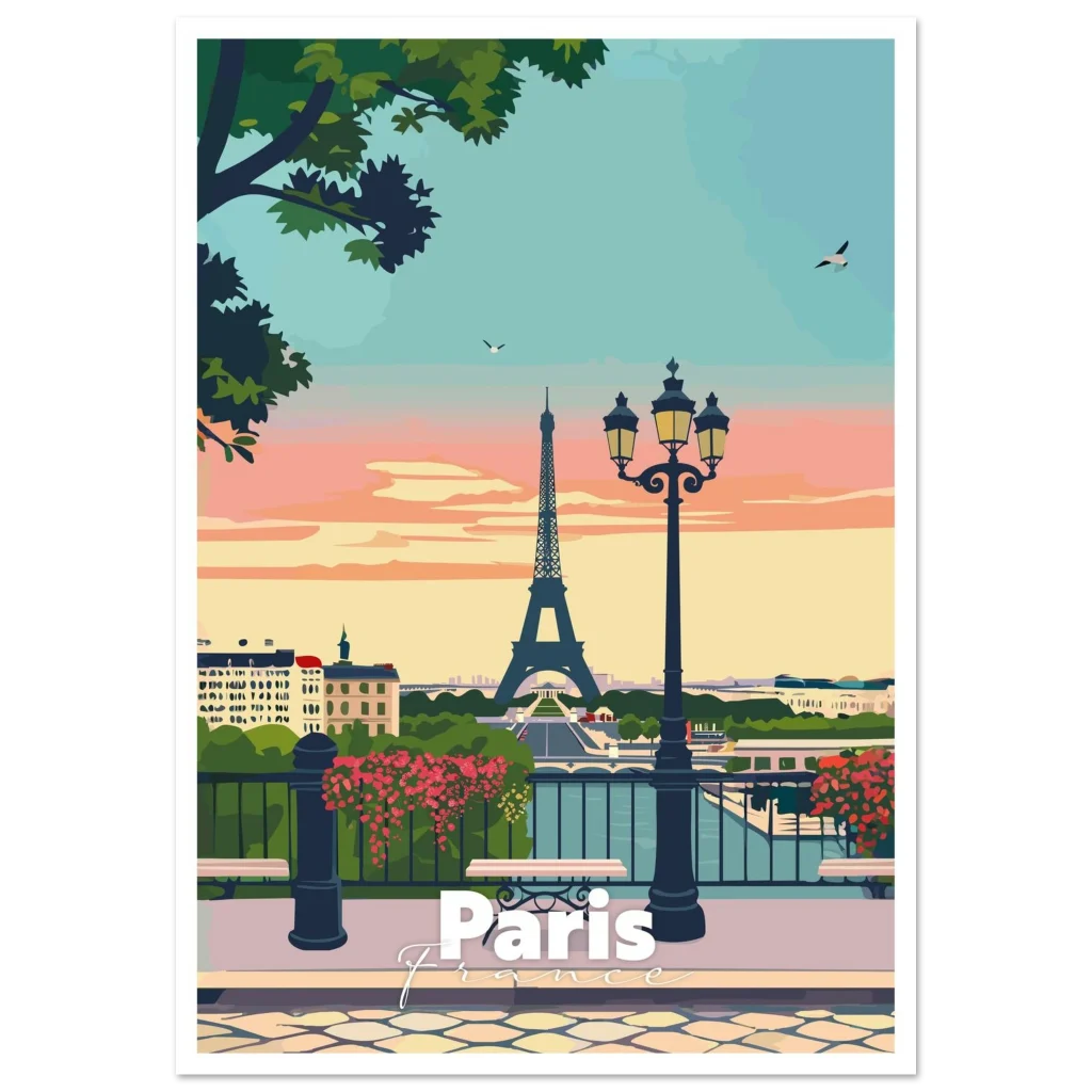 Affiche Paris illustrée : tour Eiffel au coucher du soleil, lampadaire et balustrade fleurie