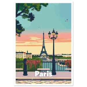 Affiche Paris illustrée : tour Eiffel au coucher du soleil, lampadaire et balustrade fleurie