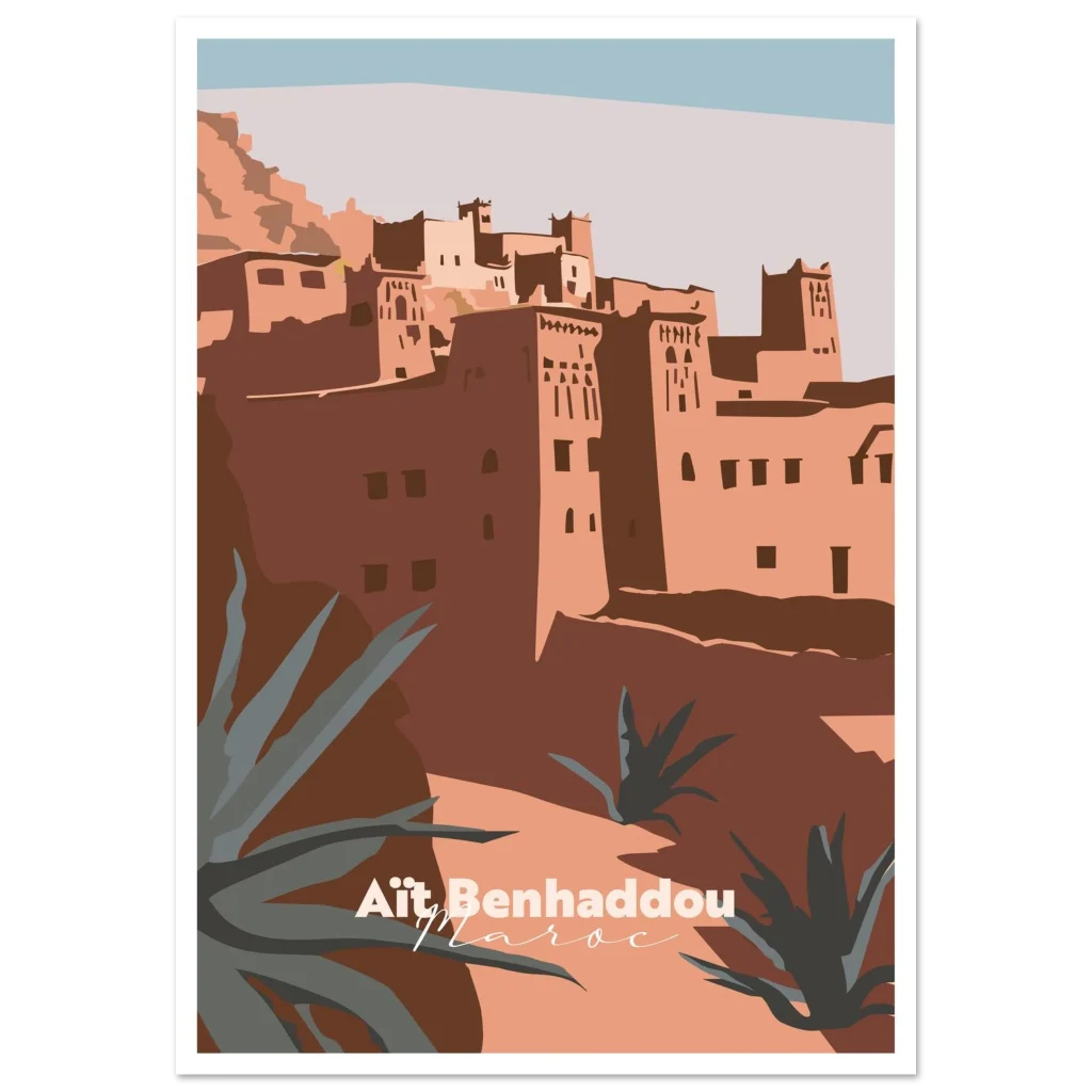 Poster Aït Benhaddou illustré : ksar en pisé ocre et agave sous un ciel lavande