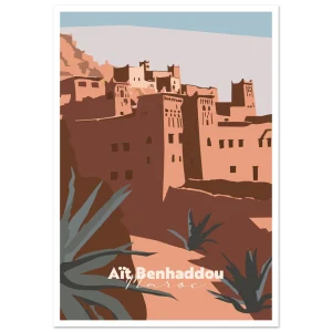 Poster Aït Benhaddou illustré : ksar en pisé ocre et agave sous un ciel lavande