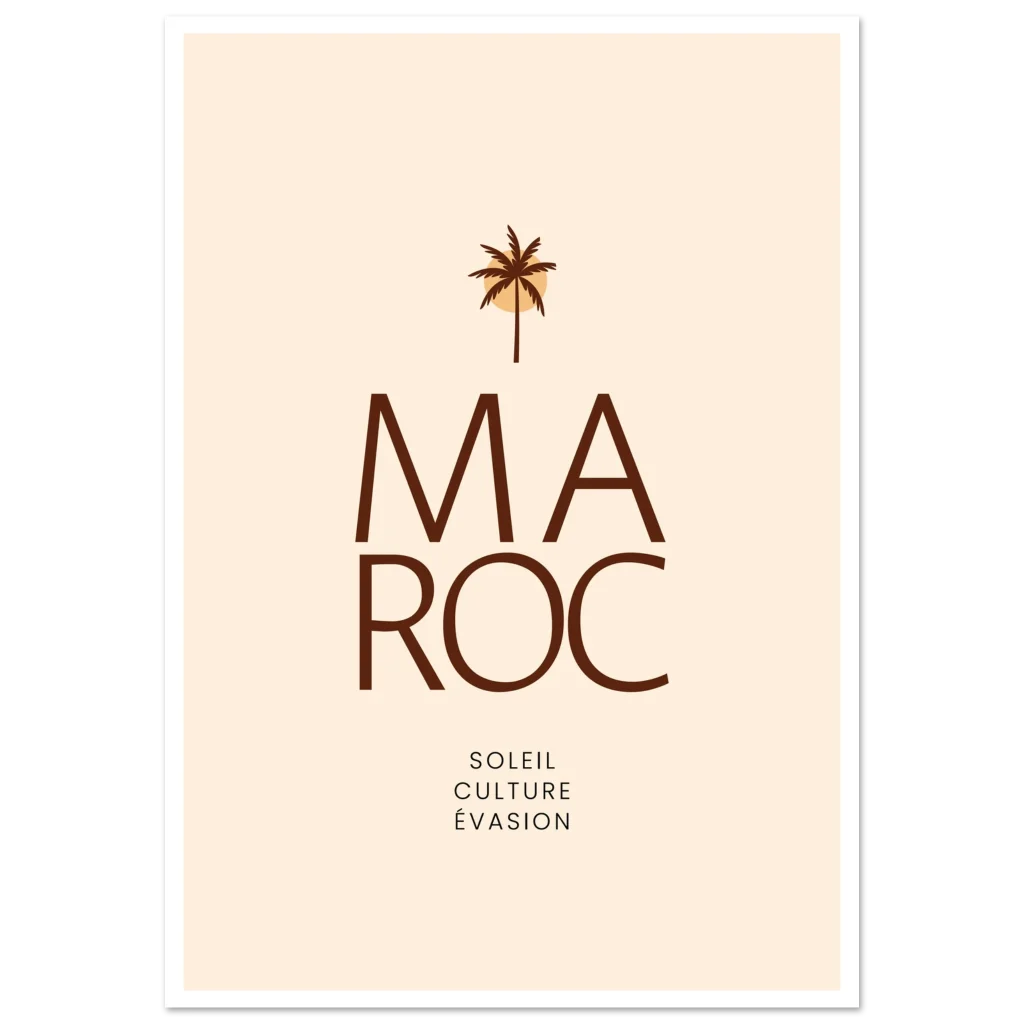 Affiche typographique Maroc : lettres MAROC et petit palmier sur fond crème