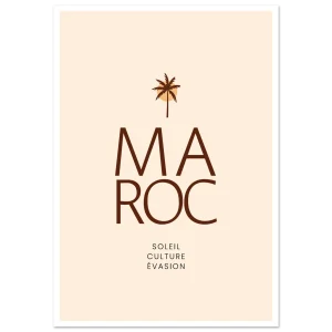 Affiche typographique Maroc : lettres MAROC et petit palmier sur fond crème