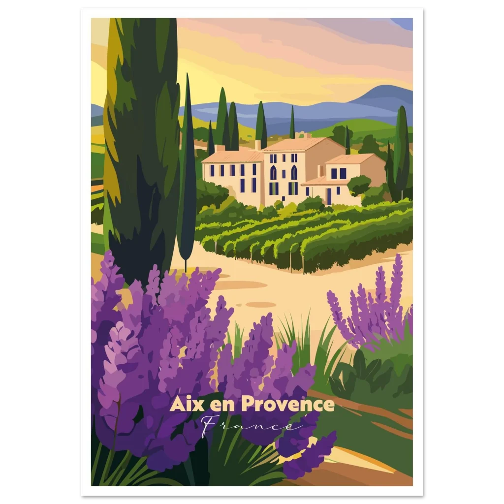 Poster Provence illustré : champs de lavande, cyprès et mas provençal au coucher du soleil