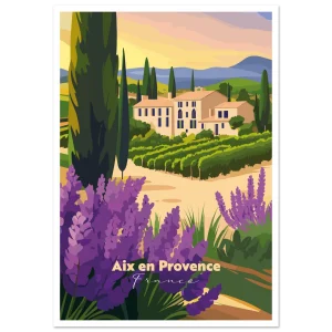 Poster Provence illustré : champs de lavande, cyprès et mas provençal au coucher du soleil