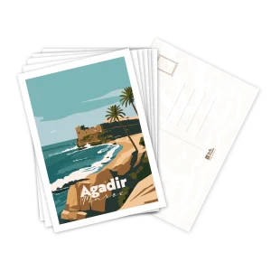Lot de cartes postales Agadir illustrées, empilées avec le verso pour la correspondance