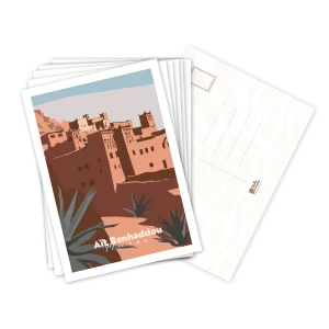 Lot de cartes postales Aït Benhaddou illustrées, empilées avec le verso pour la correspondance
