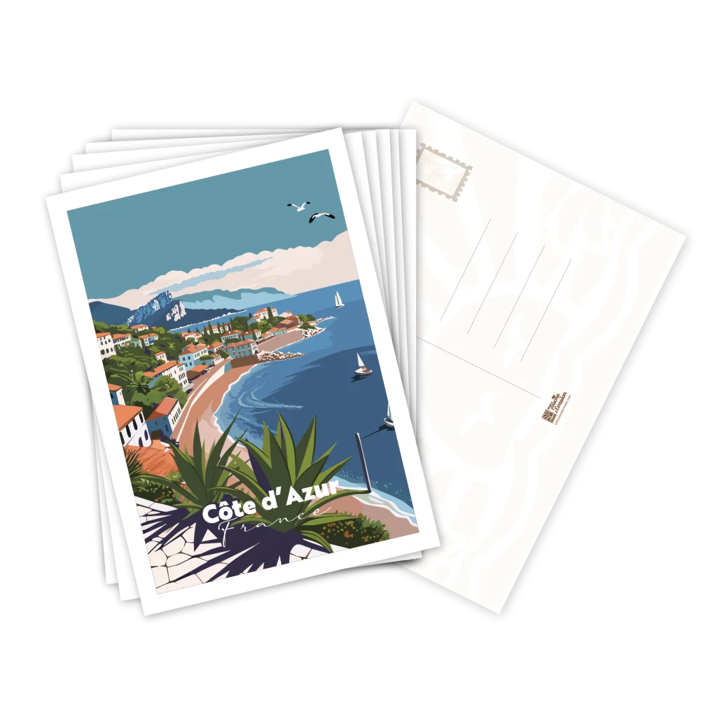 Lot de cartes postales Côte d'Azur illustrées, empilées avec le verso pour la correspondance