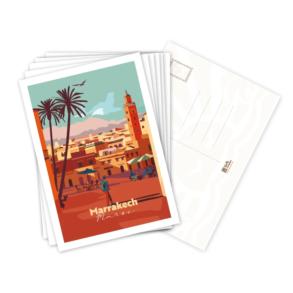 Lot de cartes postales Marrakech illustrées, empilées avec le verso pour la correspondance