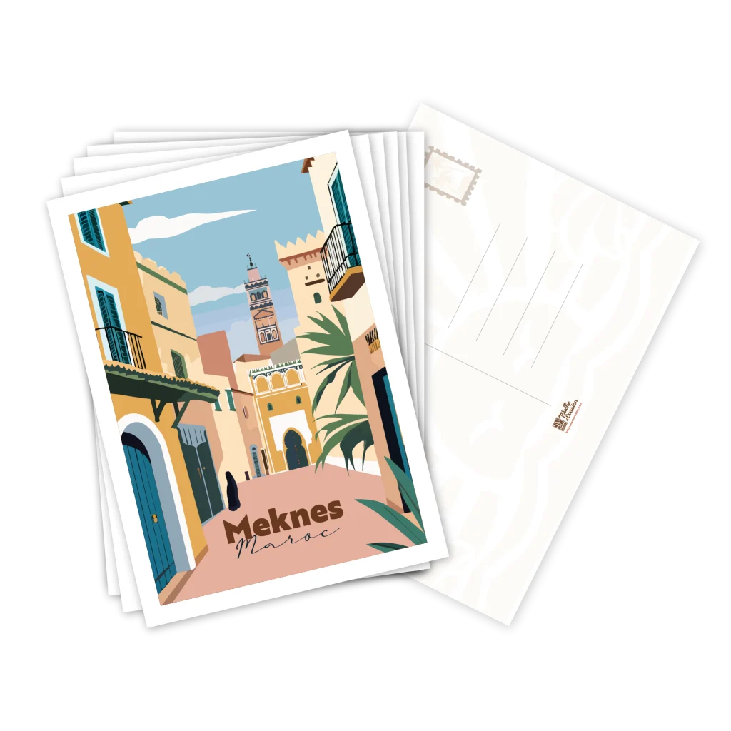 Lot de cartes postales Meknès illustrées, empilées avec le verso pour la correspondance