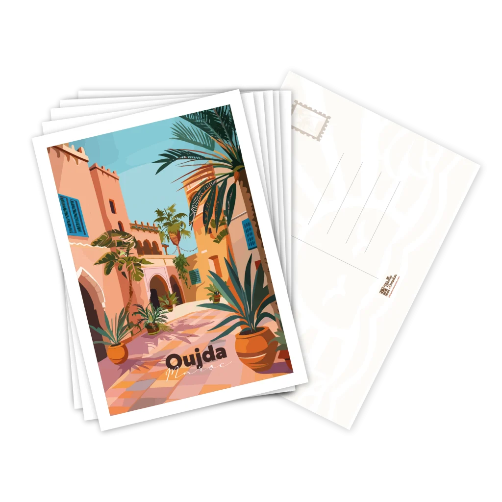 Lot de cartes postales Oujda illustrées, empilées avec le verso pour la correspondance